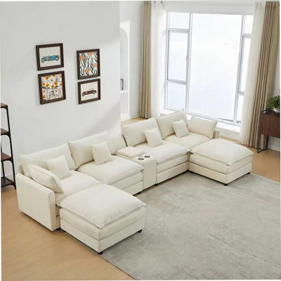 148-Inch Seven-Piece Sofa Set, With A Center Console, Coffee Table And Six Pillows, Suitable For Spacious Living Rooms And Meeting Rooms.