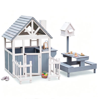 Maisonnette en bois pour enfants, maisonnette d'extérieur pour enfants de 3 ans et plus, maison de jeu avec clôture pour clôture, porte, fenêtre, cuisine de jeu, évier, table de pique-nique, boîte aux lettres
