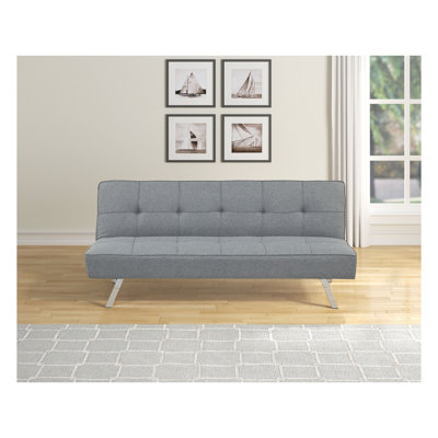 Canapé-lit futon contemporain en lin gris capitonné avec pattes en métal chromé