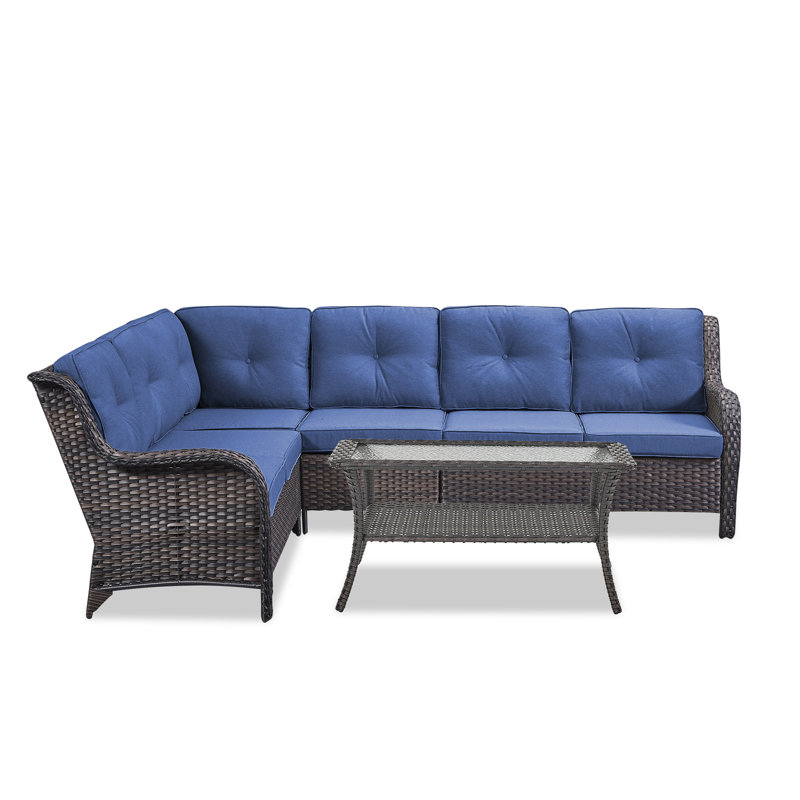 6-Person Outdoor PE Rattan Sectional Seating Group With Cushions, Blue, Brown