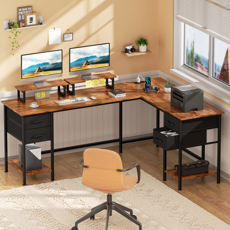 66” L-Shaped Computer Desk with Power Outlet, 29.1" H x 66.1" W x 47.2" D, Brown
