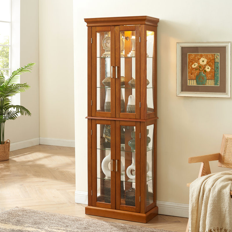 11.59"D Oak Curio Cabinet With Internal Lighting & Adjustable Shelving In 6 Shelves Magnetic Doors, Oak