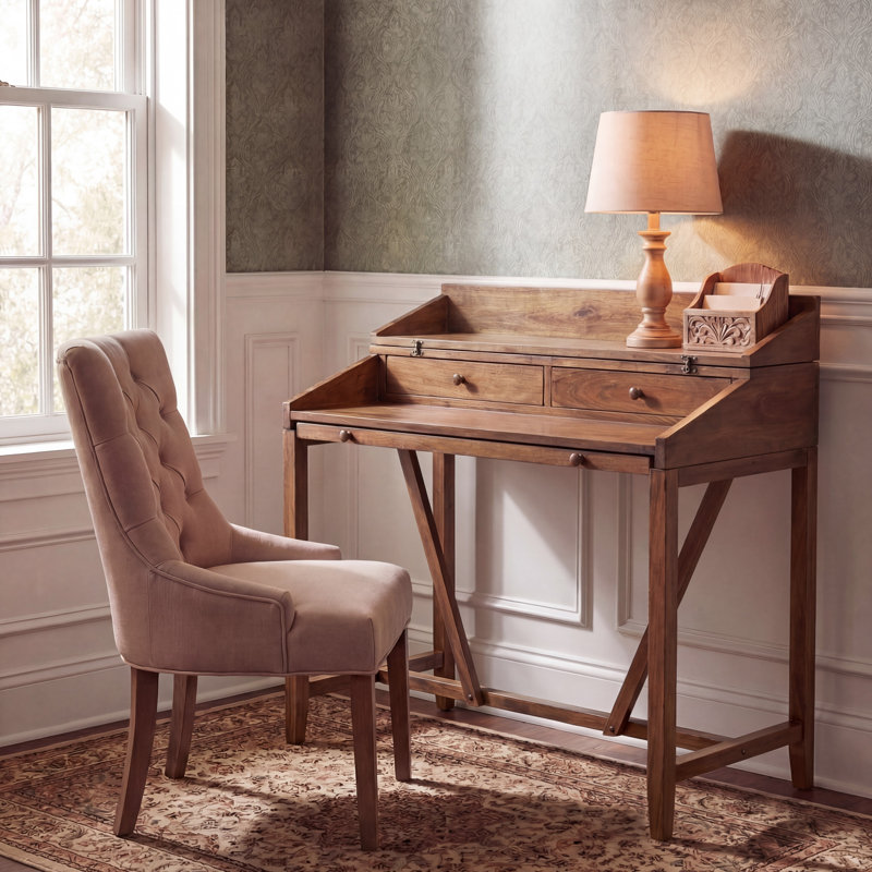 Bureau en bois massif avec rehausse Brileigh, Chêne