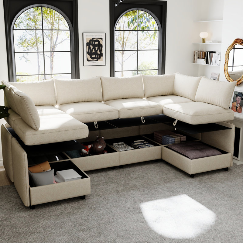 Canapé-lit modulable 6 places convertible avec rangement, dossier et coussins confortables, ressorts ensachés en mousse haute densité, tissu chenille beige, structure en bois offrant un bon soutien, capacité de charge de 113 kg par place