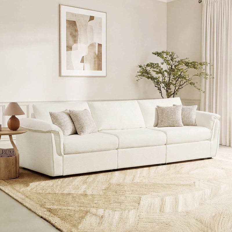 Elysion 122" W Modern Upholstered 3-Piece Sofa with Wide Arms & Deep Supportive Cushions, Cream