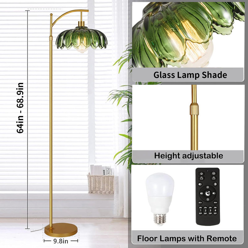 Green flower glass lamp retro arc floor lamp, Gold