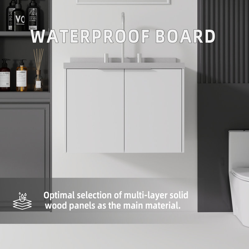 Meuble-lavabo suspendu de 61 cm (24 po) avec comptoir et dosseret en marbre reconstitué, armoire en contreplaqué, lavabo en céramique, portes à fermeture amortie, blanc