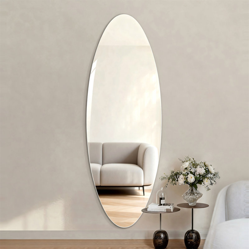 63" X 24" Modern Oval Full Length Wall Mirror, HD Copper-Free Silver Glass, Shatterproof & Moisture-Resistant, Vertical Hanging Or Adhesive Mount, Bedroom & Salon