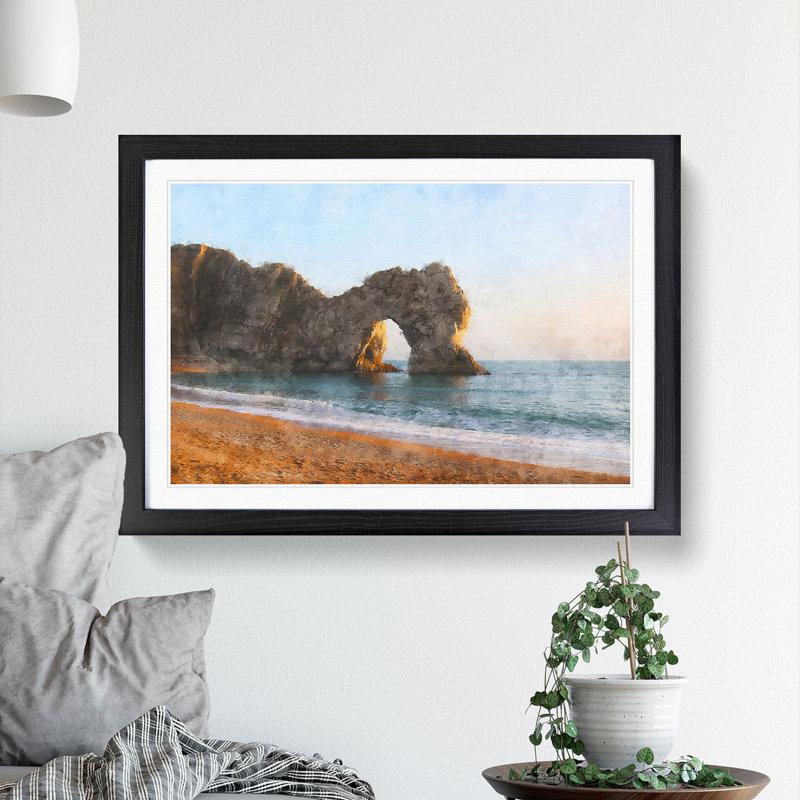 Durdle Door Cliffs at Sunset - Picture Frame Painting Print, 45cm H x 63cm W x 2cm D, Black Framed
