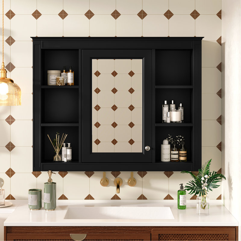 Armoire à pharmacie de 35 po x 27,5 po, armoire de rangement murale pour salle de bain, armoire de salle de bain moderne avec miroir, armoire à miroir avec 6 tablettes ouvertes (meuble-lavabo non inclus)