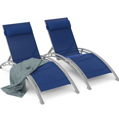 2 chaises longues pour l'extérieur - bleu, avec coussin réglable et détachable au bord de la piscine - bleu