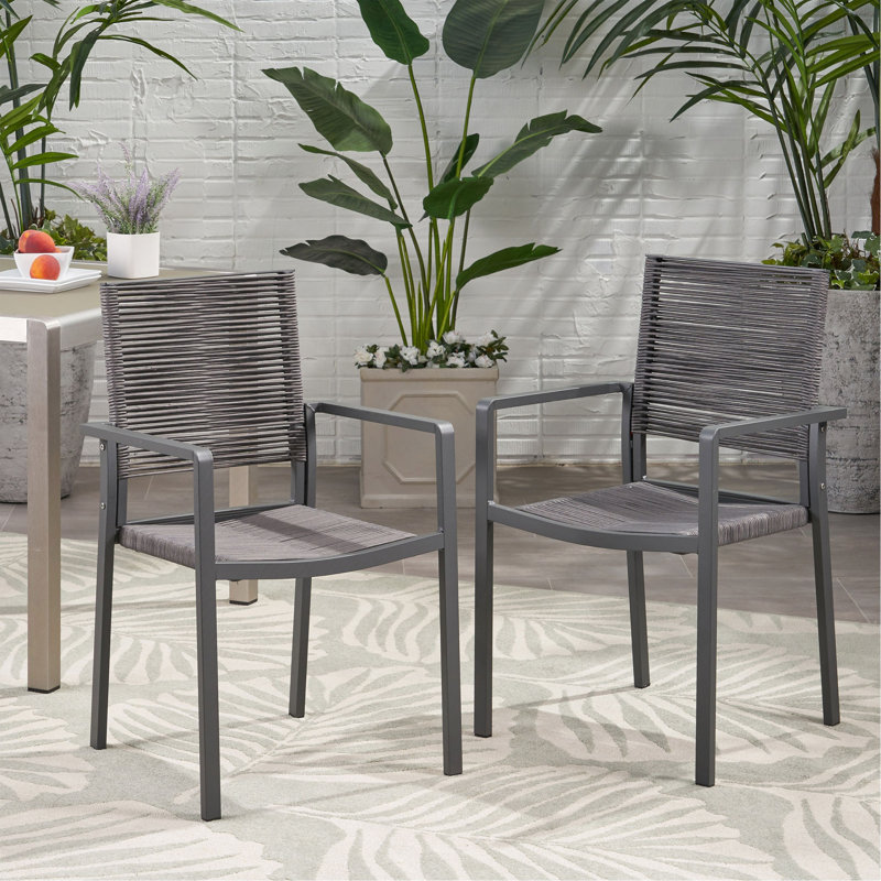 Chaise de salle à manger d'extérieur moderne en aluminium avec siège en corde (ensemble de 2), gris et gris foncé