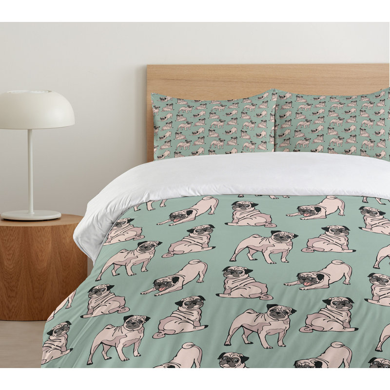 Pug Cartoon Style King Duvet Cover Set with Pillow Shams