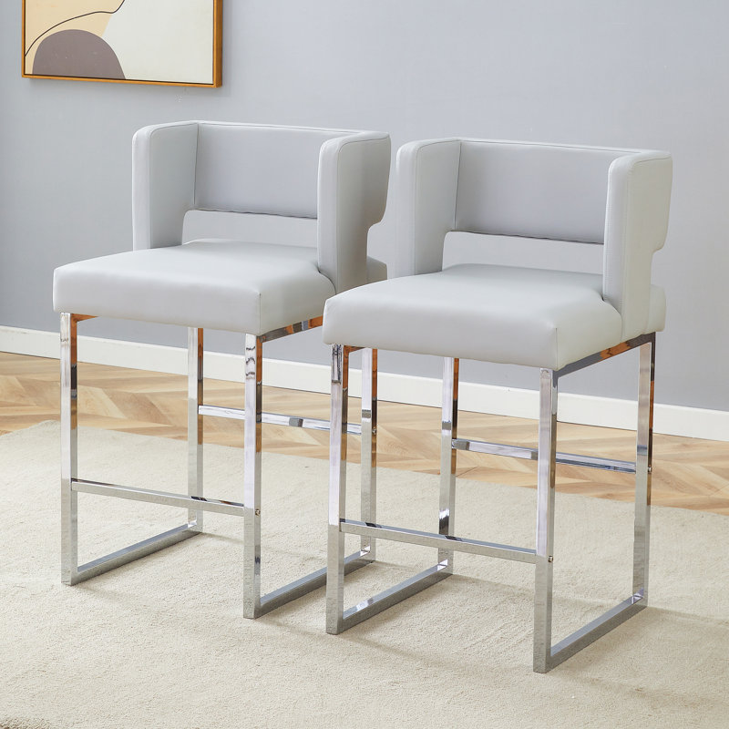 Faux Leather Upholstered Counter Bar Stool (Set of 2), Gray, Silver