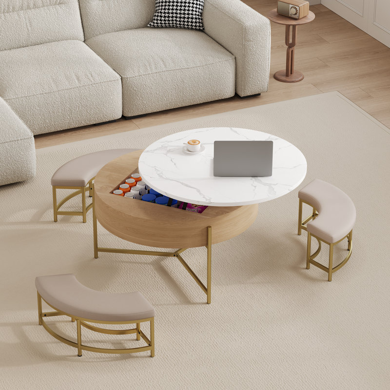 Table basse moderne à plateau relevable avec rangement et 3 repose-pieds blanc et naturel