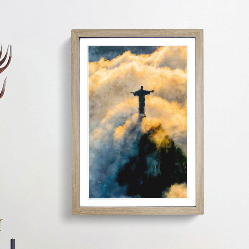 Christ The Redeemer In Brazil - Single Picture Frame Painting on MDF, Oak Framed, 45cm H x 33cm W x 2cm D
