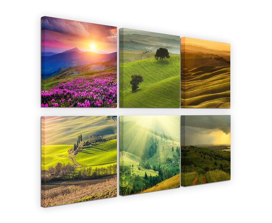 6-tlg. Leinwandbilder-Set Landschaft Blumen Wiese Sonnenuntergang Natur