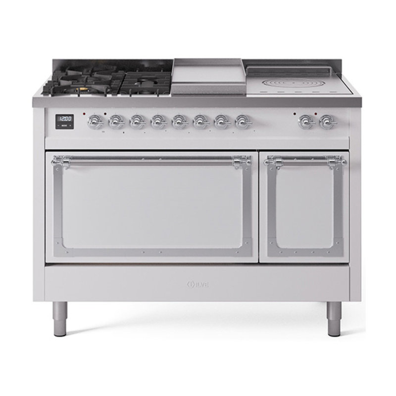 ILVE Nostalgie II Noblesse 48 in Dual Fuel Range, 5 Burner, Griddle, Frenchtop, White/Chrome, Natural Gas