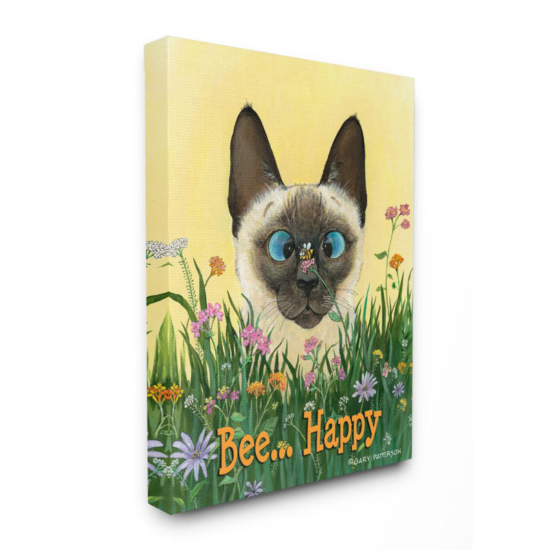 «Bee Happy Funny Cat Animal Design» par Gary Patterson - impression d'art graphique, Toile tendue, H 40 po x l 30 po