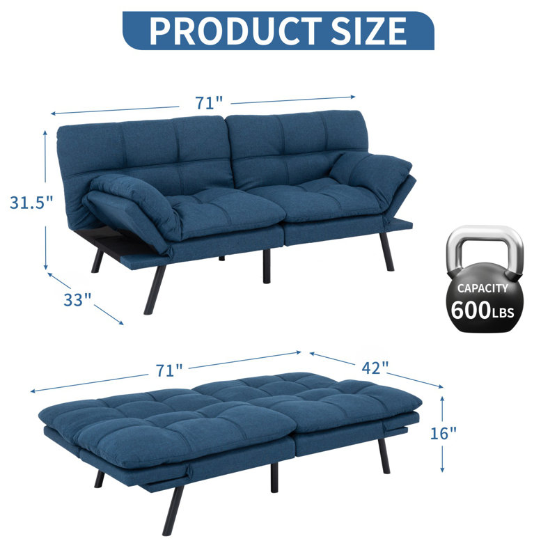 Gurlal Twin 71'' Upholstered Convertible Sofa, Blue Linen
