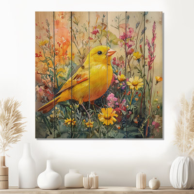 Finch Bird In The Wildflowers I - Impression sur bois d'oiseau - sur bois de pin naturel