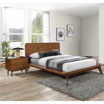 Ensemble de chambre à coucher avec lit plateforme 3 pièces couleur noyer et lit double 2 tables de chevet en bois de style Mid-Century moderne