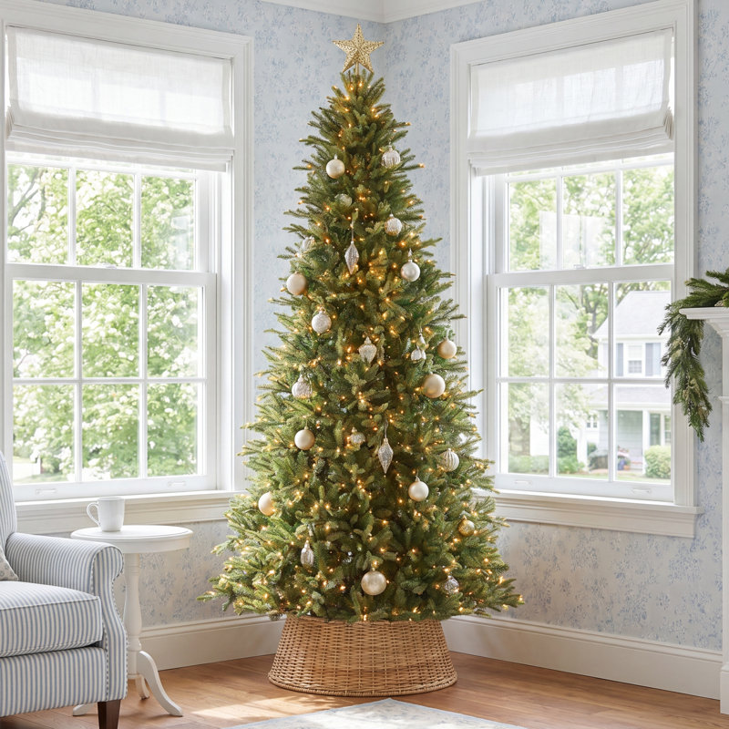 Adneta Slim Fir Artificial Christmas Tree with PE Needles and Warm White Lights, 12'