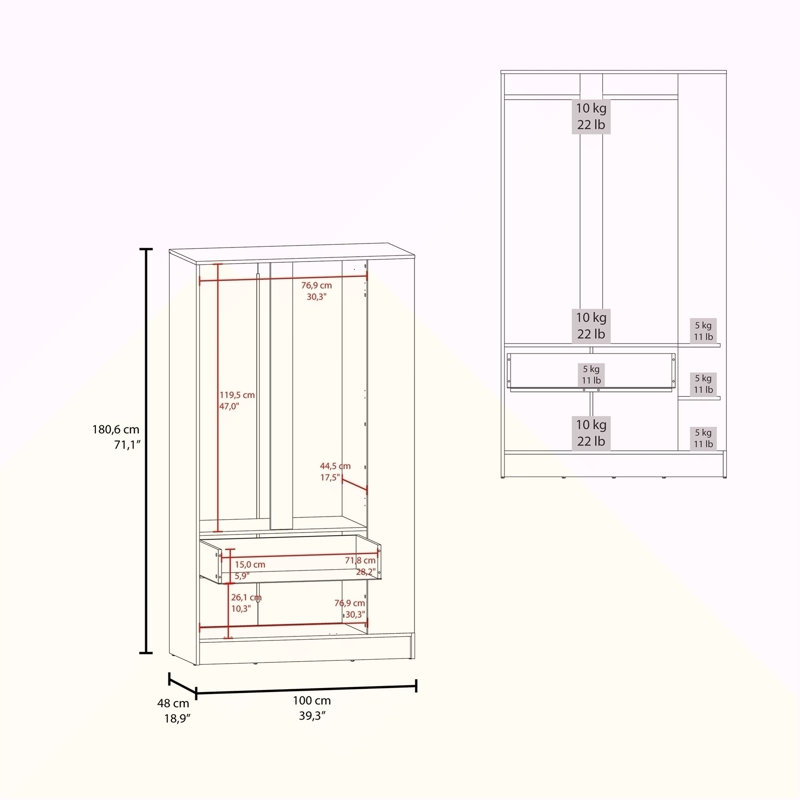 Armoire 3 portes Wenge avec 1 tiroir, tablette latérale et tringles de suspension