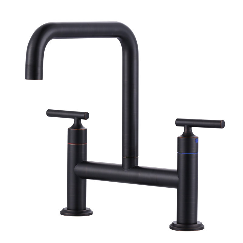 Double Handle 8 Inch Bridge Kitchen Faucet, High Arc Solid Brass 2-Hole Ktichen Faucet, Bronze