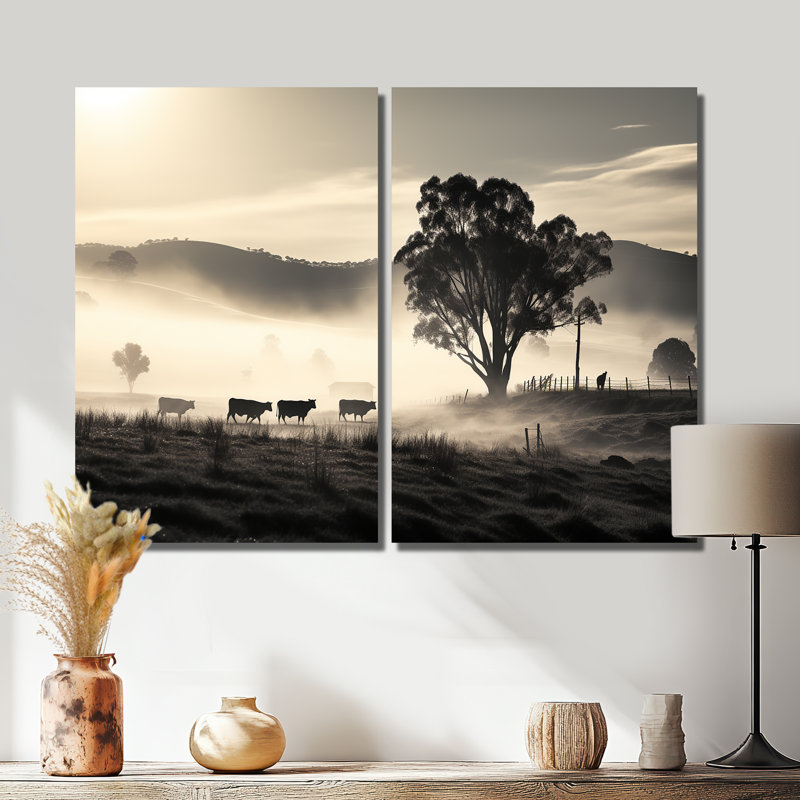 Bovin brumeux, art mural sur toile, H 36 po x l 48 po, Toile tendue, Ne s’applique pas
