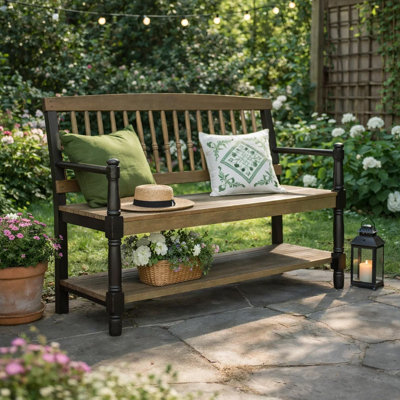 Banc d'extérieur avec tablette Ikra, 51 po, bois d'acacia gris sculpté, noir