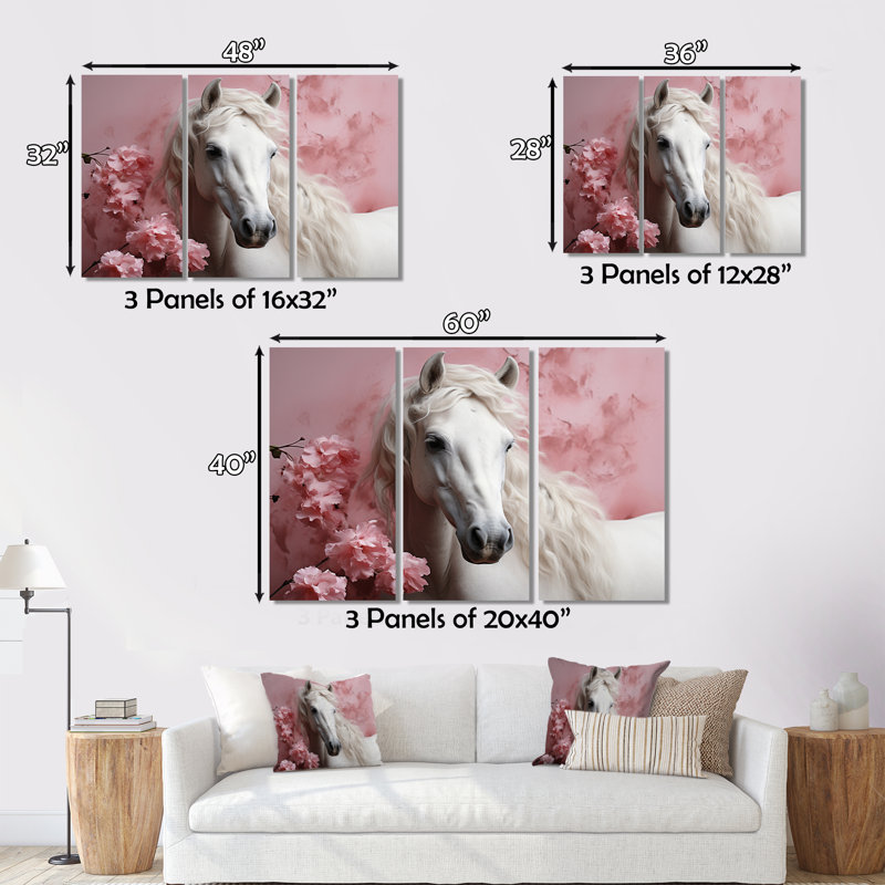 Cheval rose blanc doux sur 3 impressions sur toile, H 32 po x l 48 po x P 1 po
