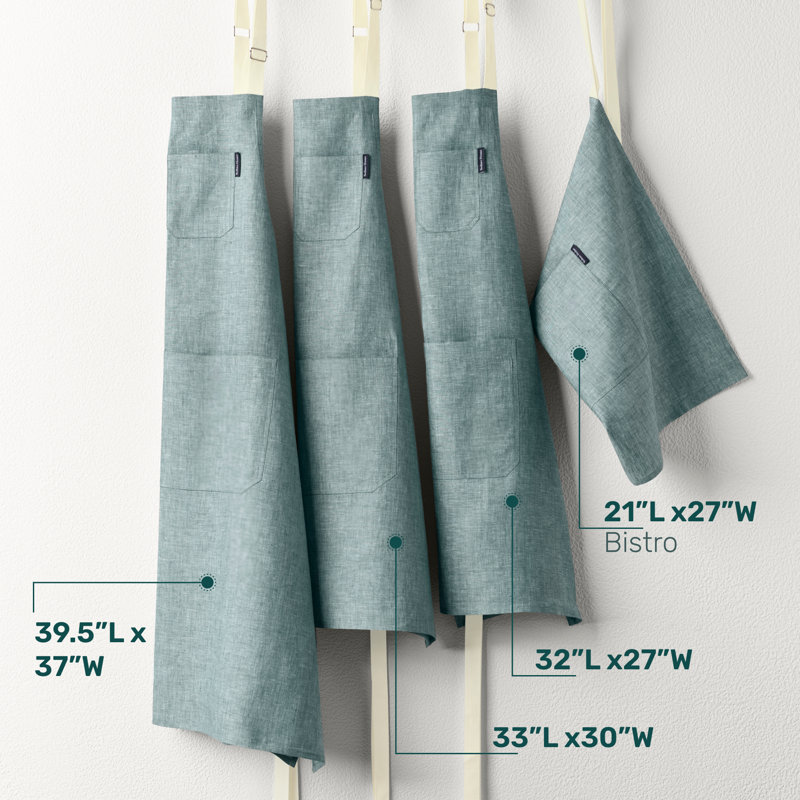 100% Pure Linen Bistro Apron, Stem Green / Ivory