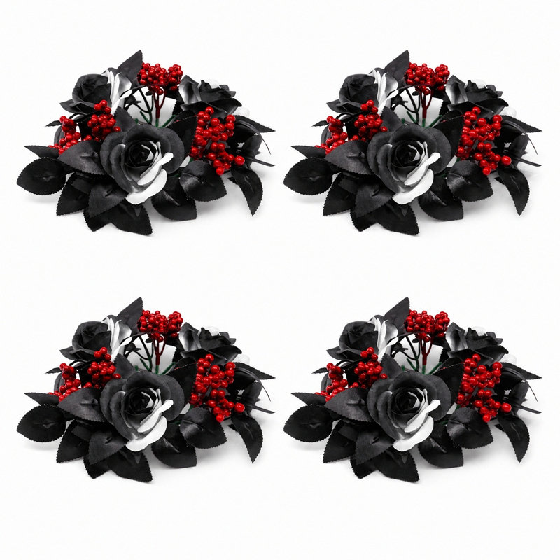 Couronne de 7,87 pouces avec couronne de bougie artificielle, mini-couronne de 4 paires avec roses noir et blanc et baies rouges, petite couronne de bougie décorative pour centre de table, Halloween, décoration de mariage gothique