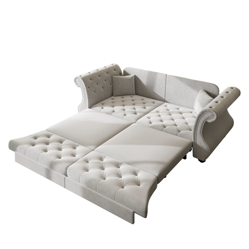 Oversized Chesterfield Pull Out Sofa Bed Classic Roll Arm Velvet Couch With Flower Tufting, 34.63" H x 83.83" W x 32.73" D, 3