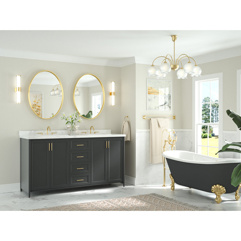 Miroir de salle de bain mural ovale en métal incurvé moderne Juriana, H 22 po x l 30 po x P 2 po, Or
