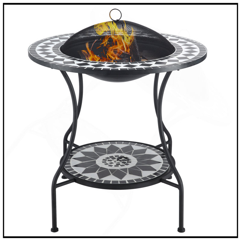 Table de salle à manger pour foyer d'extérieur durable de 30 po, bol à feu de bois rond 3-en-1, seau à glace de patio avec tablette de rangement, couvercle pare-étincelles pour barbecue, feu de camp, camping, mosaïque