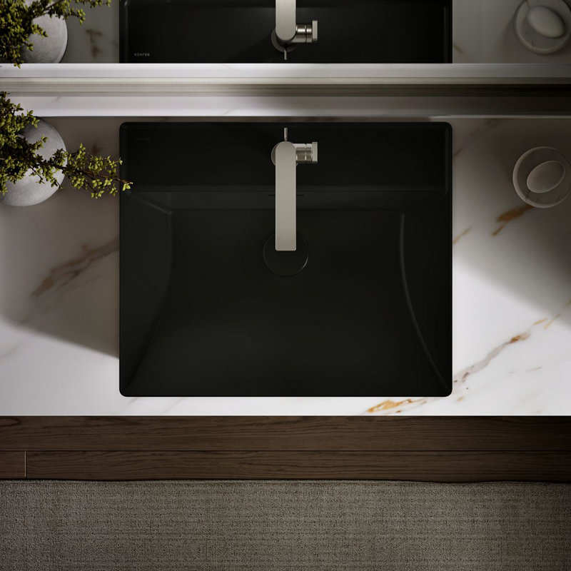 Brazn Rectangle Vessel Bathroom Sink, White, Honed Black, Single