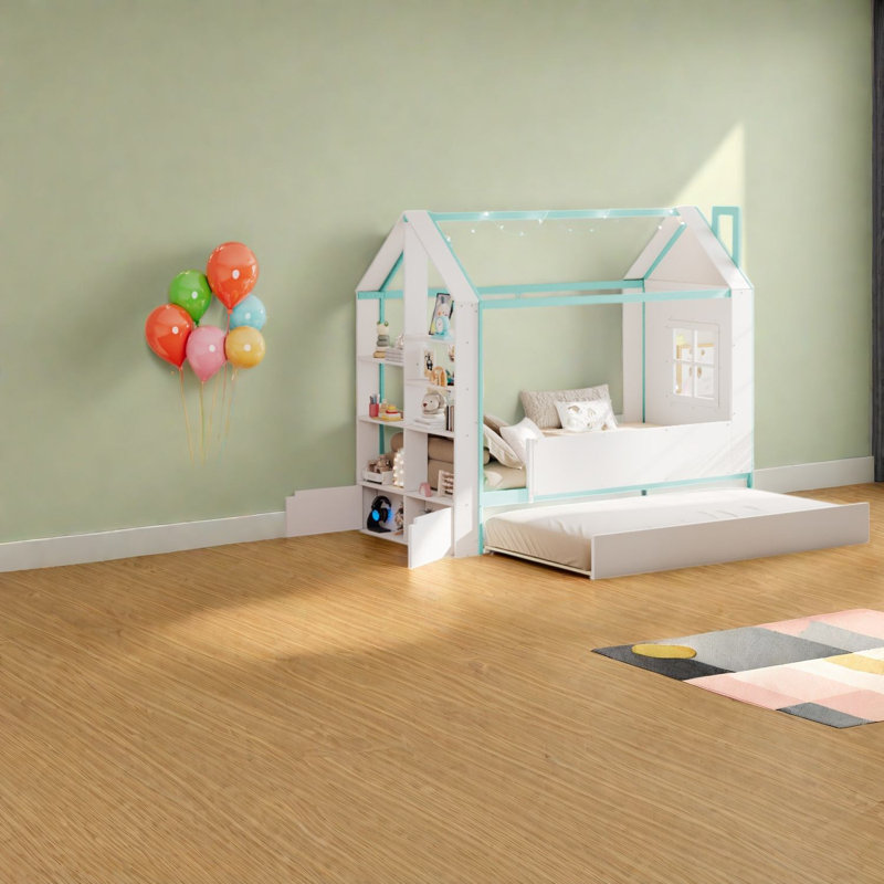 Lit gigogne avec rangement, structure en bois MDF pour lit simple en forme de maison, chambre d'enfant moderne, Blanc2
