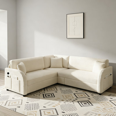 85.1" L-Shaped Sofa Couch with Pull-Out Bed,Oversize Convertible Sleeper Sofa with side Pocket & USB Port,Teddy Upholstered Sectional Couches, for Living Room, Apartment, Office,Beige/White