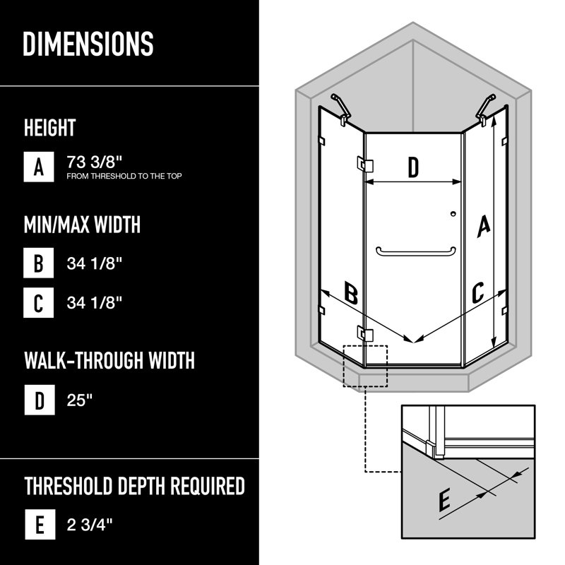 Piedmont 34" W x 34" D x 73" H Hinged Frameless Shower Enclosure with 3/8  Clear Glass, Brushed Nickel