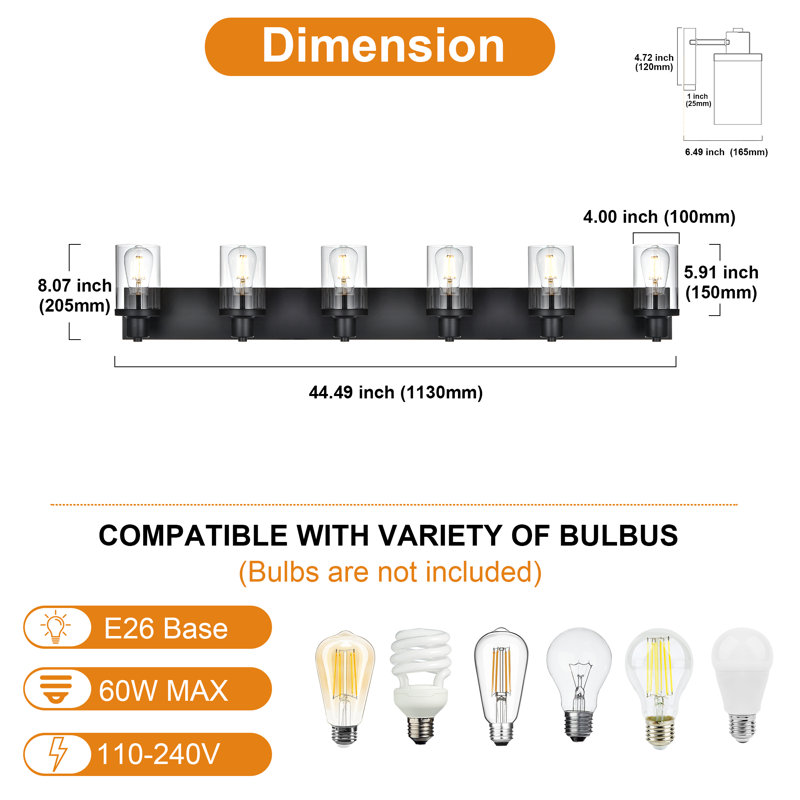  Appliques murales noires mates pour la salle de bain, luminaires de meuble-lavabo modernes sur miroir, luminaires de salle de bain avec abat-jour en verre transparent, appliques murales E26 pour le salon, couloir