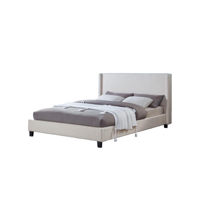 Lit plateforme tapissier avec tête de lit à oreilles Modern, Blanc cassé, Grand