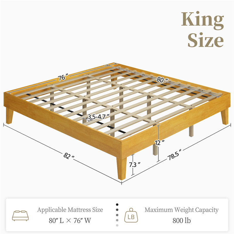 Multi-sized Wooden Platform Bed Frame with Sturdy Slat Support, Natural Wood, King