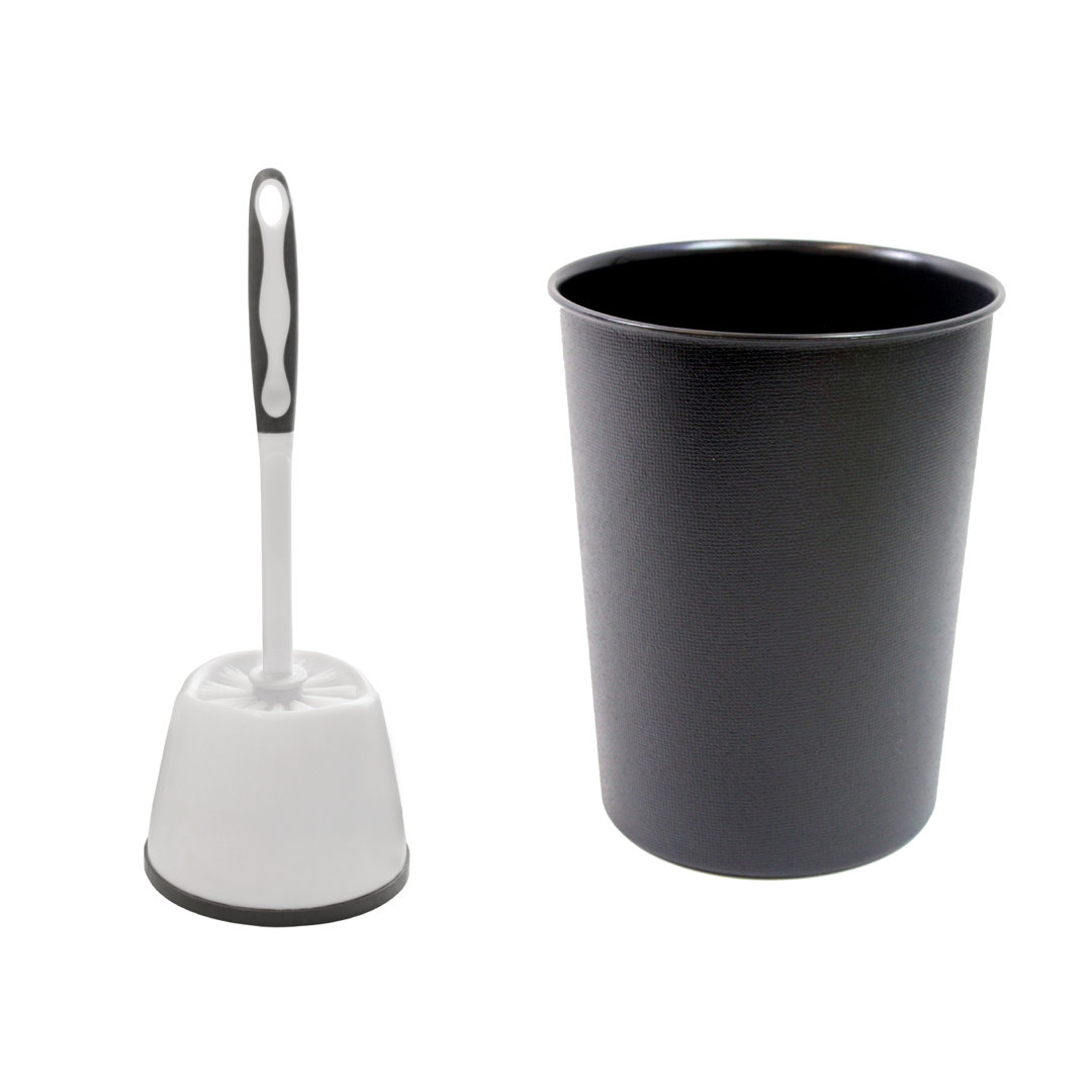 Toilet Brush and White Plastic Bin - White