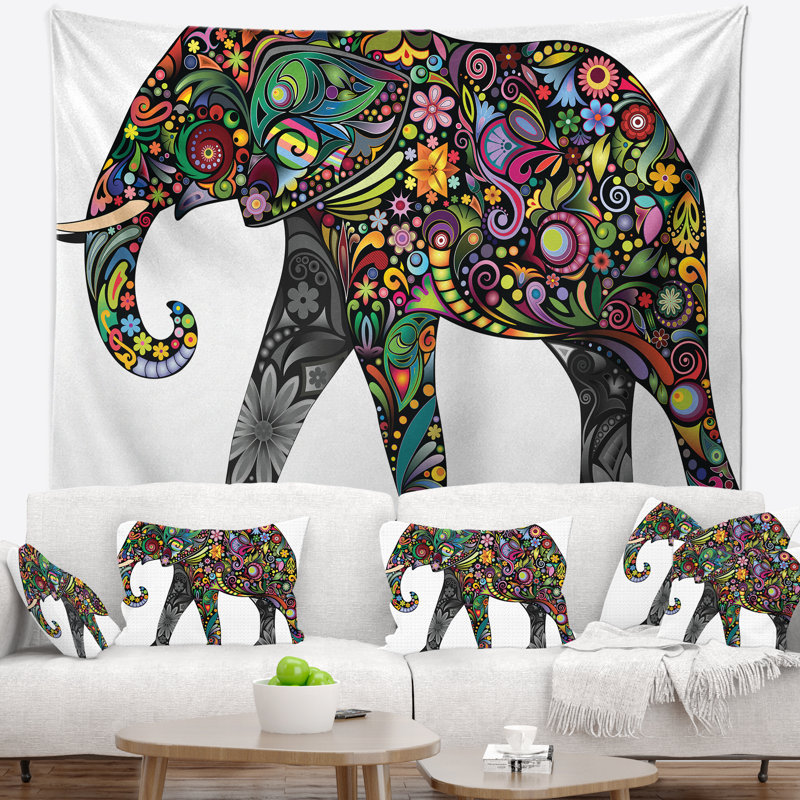 Tapisserie éléphant joyeuse animal floral, H 32 po x l 39 po