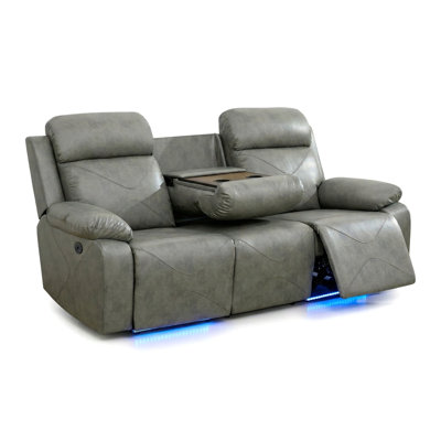 Grey Breathable Leather Power Recliner Sofa - 3 Seater With Flip-Up Table, Cup Holders, USB Charging & LED Lights, Ergonomic Design For Back Support