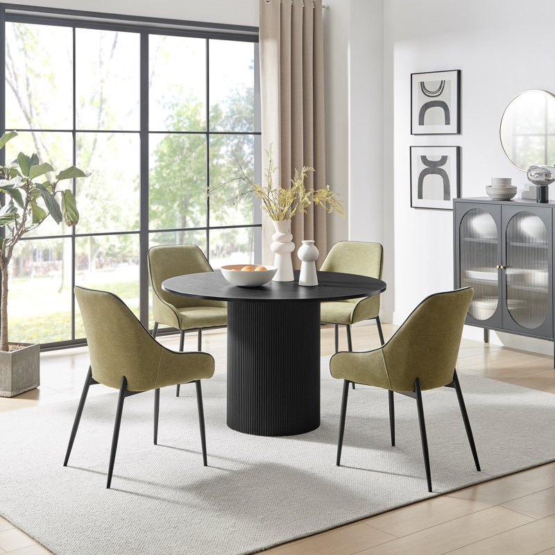 Penny Pillar Round Dining Table Set With 4 Luxury Fabric Dining Chairs - Scratch Resistant Top, Black, Grey