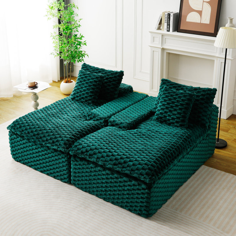 Chaise longue double en velours vert tortue, canapé paresseux multifonctionnel avec éponge entièrement compressée, pouvant être agencée côte à côte ou face à face
