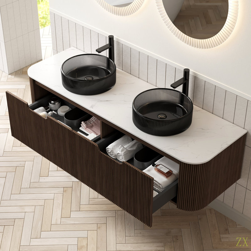 Meuble-lavabo de salle de bain avec éviers 60 po avec 2 tiroirs, 2 lavabos et comptoir en verre transparent pré-assemblés